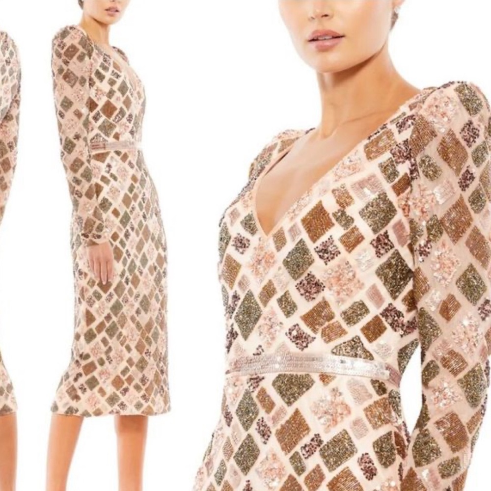 Mac Duggal Long Sleeve Beaded Cocktail Gown